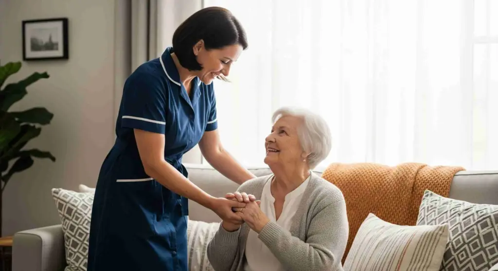 Caregiver helping senior client